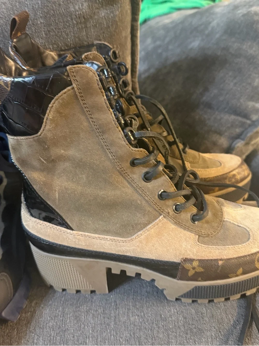 Louis Vuitton Brown Suede & Monogram Combat Boots